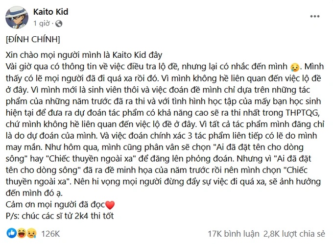Trang Facebook “Kaito Kid” đăng đính chính sau khi trở thành tâm điểm chú ý của cộng đồng mạng.