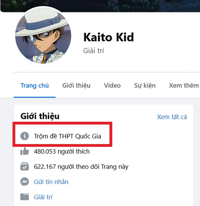 Phần mô tả trên Facebook, tài khoản “Kaito Kid” tự nhận mình là người “Trộm đề THPT Quốc gia”.